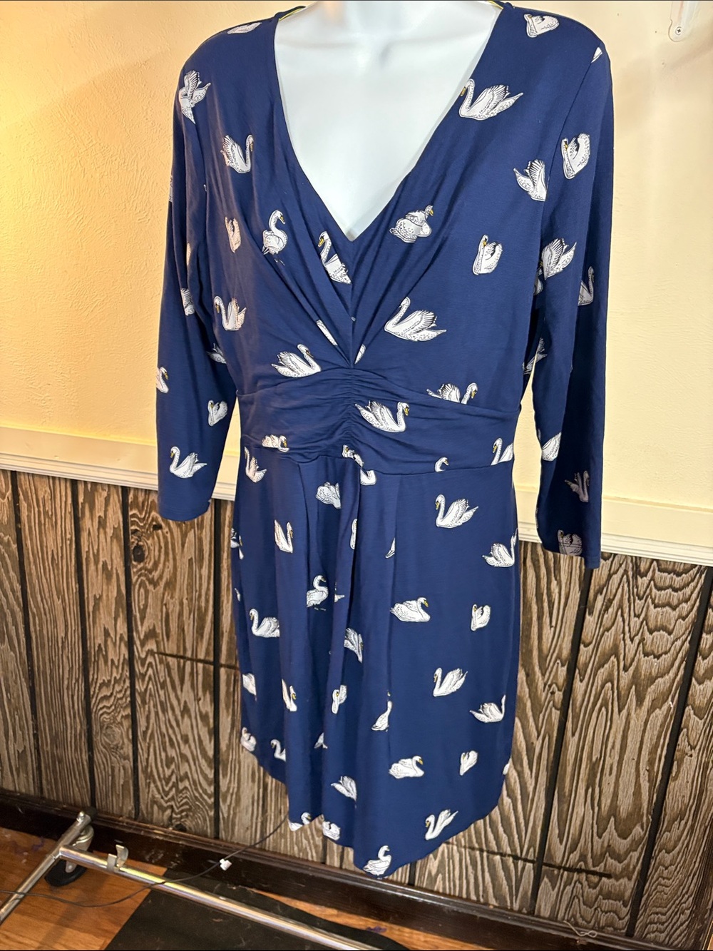Boden Navy Swan-Print V-Neck Long Sleeve Dress